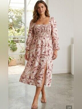 House of Harlow 1960 Blush Tropical Palm Leaf Linen Dress Medium Cottagecore